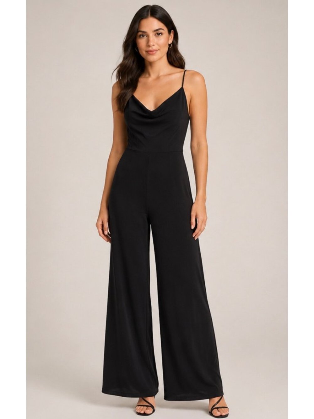 Halara Womens Black WideLeg Spaghetti Strap Jumpsuit LaceUp Back Draped Neckline
